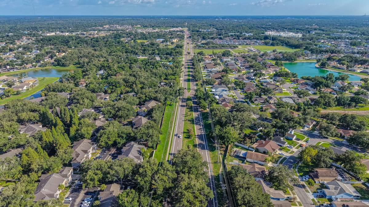 Aerial view of an American suburban neighborhood